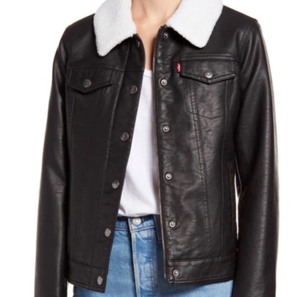 Levi’s Women’s Faux Leather Sherpa Lined Trucker Jacket In Black Cream - Medium - Picture 1 of 5